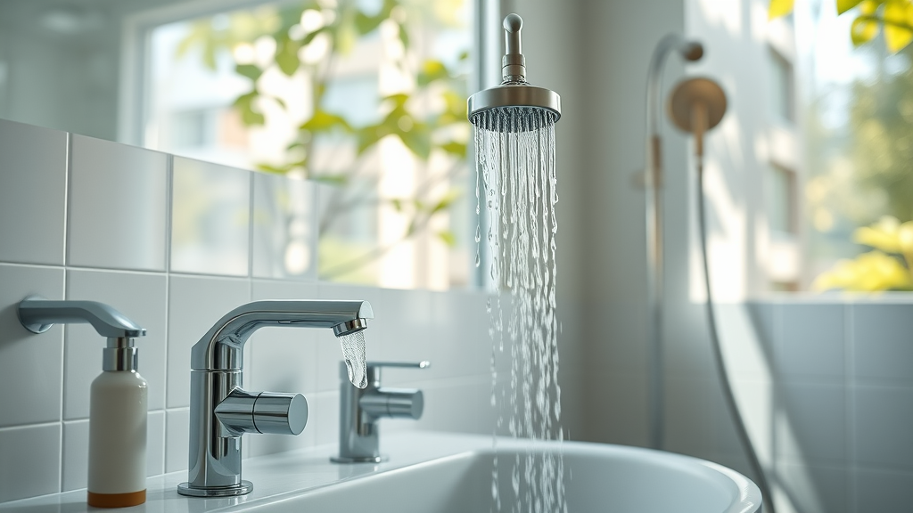 sustainable plumbing solutions with energy-efficient taps and low-flow shower head, bright bathroom