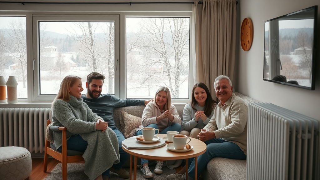 cozy suburban living room family gathered near modern radiator heating system installation winter