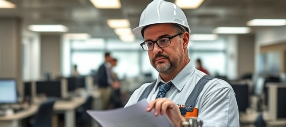 methodical gas inspector, scrutinizing expression, reviewing gas safety standards, photorealistic, city office with desks and computers, highly detailed, background chatter, f/2.2 aperture, overhead fluorescent lighting, shot with a 50mm lens.