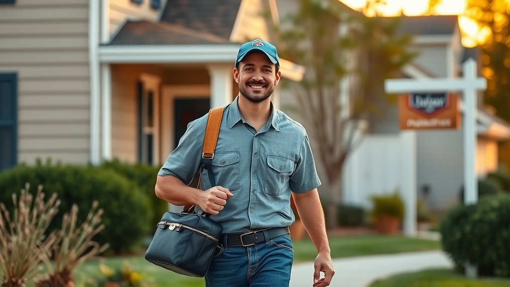Local plumber with toolkit arriving for emergency plumbing services Chesterfield home
