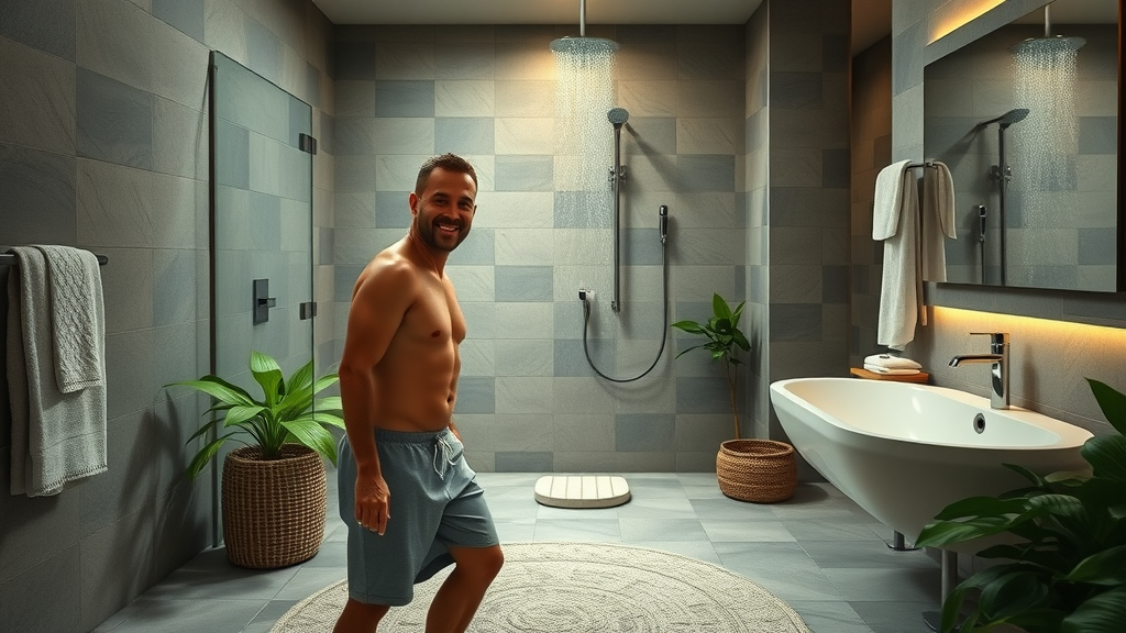 Luxury bathroom with underfloor heating and warm stone floors for comfort