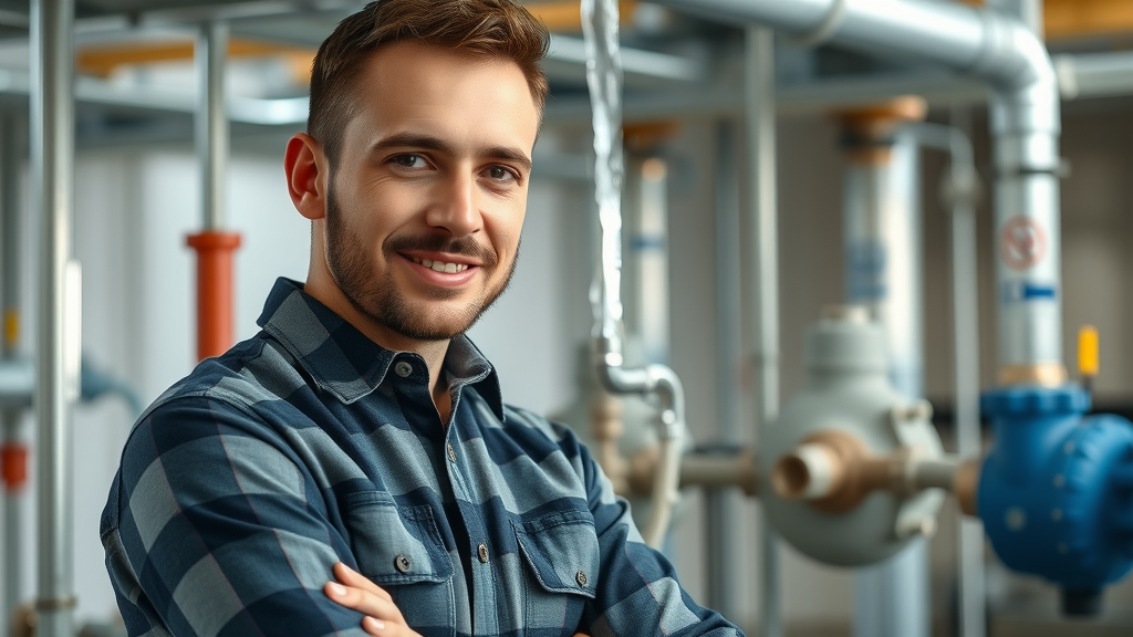 professional commercial plumber examining industrial piping in a modern commercial facility, visible pipes and valves, crisp daylight, commercial plumber chesterfield