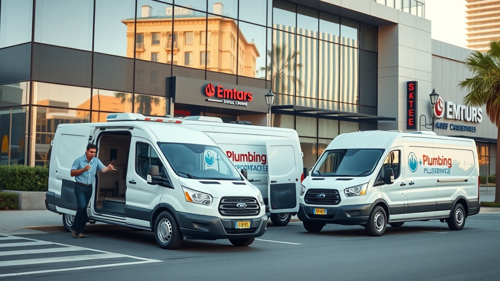 Plumbers arriving in branded vans at a modern Chesterfield commercial building, ready for commercial pipe repair service