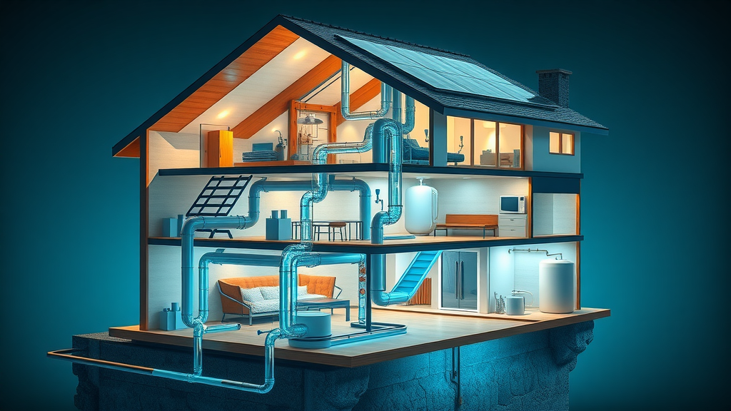 cutaway diagram showing sustainable plumbing and heating systems in a modern home