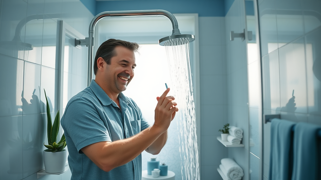 checking a low-flow showerhead in modern bathroom - water conservation techniques