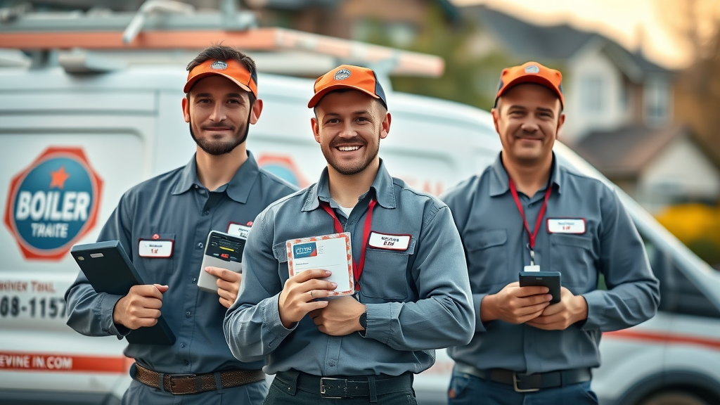 boiler installation repairs and service team of certified boiler technicians with tools and badges in front of service van