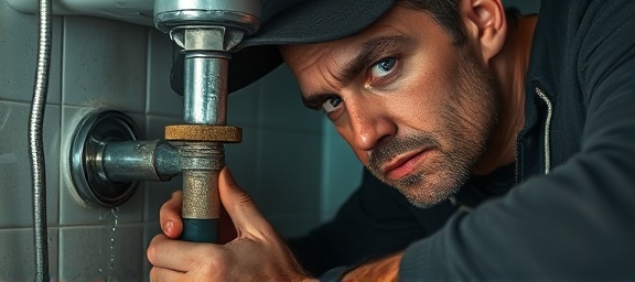 plumber Chesterfield, serious expression, fixing leak, photorealistic, under a sink with tools scattered around, highly detailed, dripping water, close-up, ceramic and metal, ambient lighting, shot with a macro lens