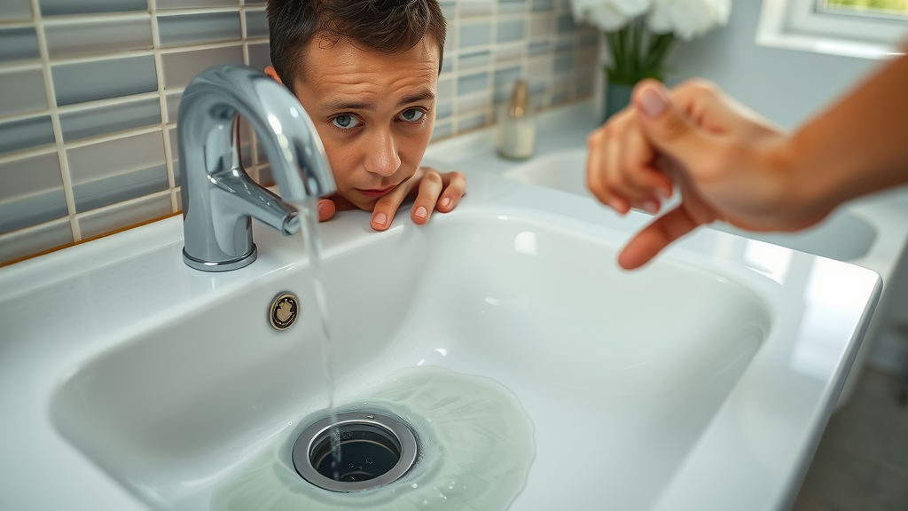 homeowner examining a clogged bathroom drain, signs of a clogged drain