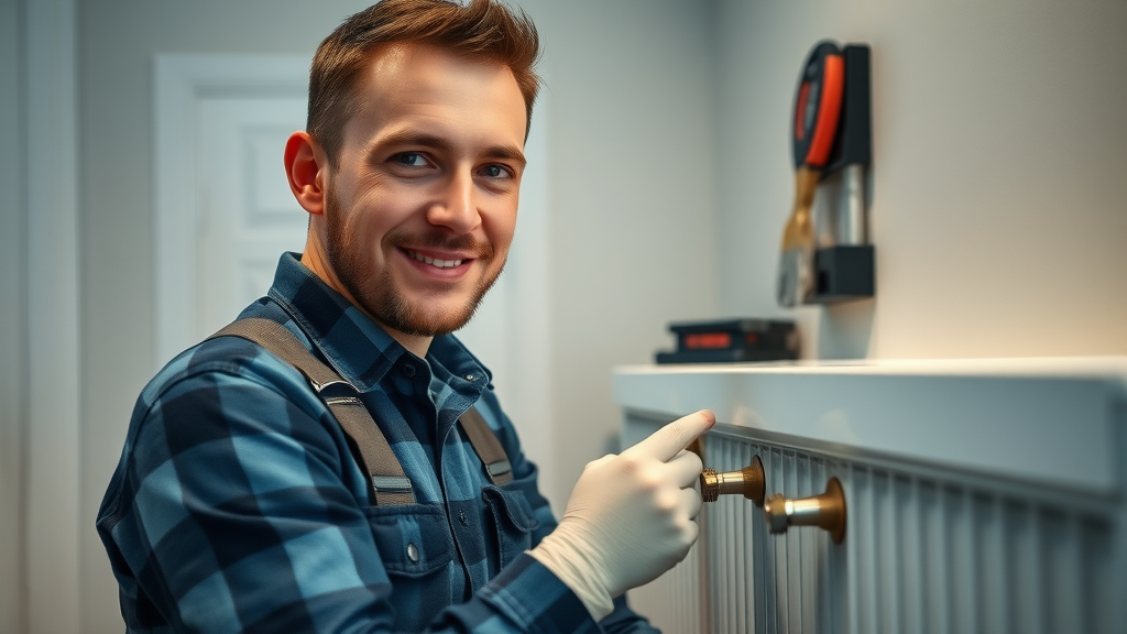 Expert heating engineer performing radiator installation chesterfield with precision, modern home, organized tools