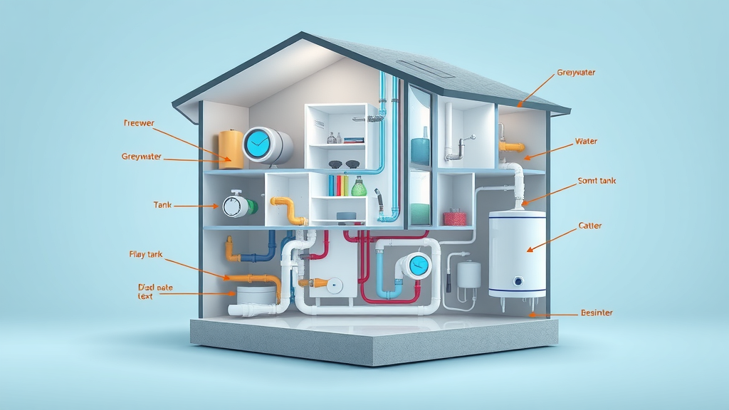 cutaway showing greywater recycling, smart meters, efficient water heater in sustainable plumbing systems