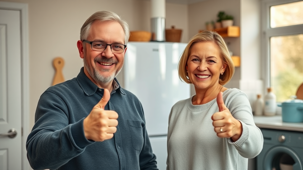 Chesterfield couple smiling and showing off their new boiler installation. Bright, authentic utility room after professional upgrade.