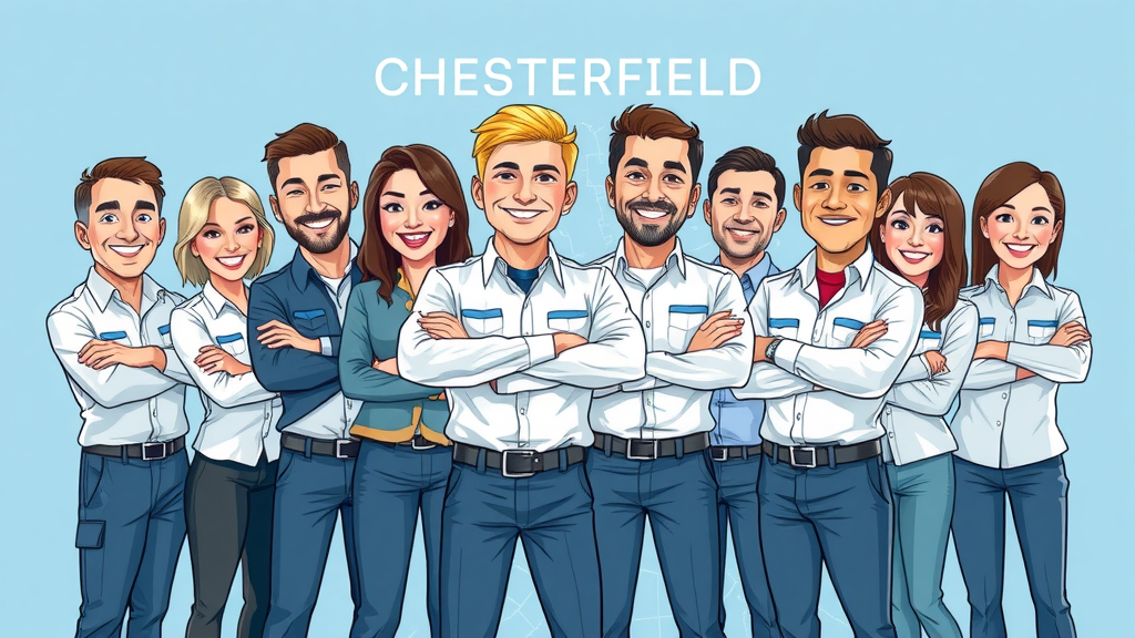 confident leak detection chesterfield specialist team standing together, Chesterfield map in background, professional attire, illustrated 2D cartoon style, cool blue and white tones