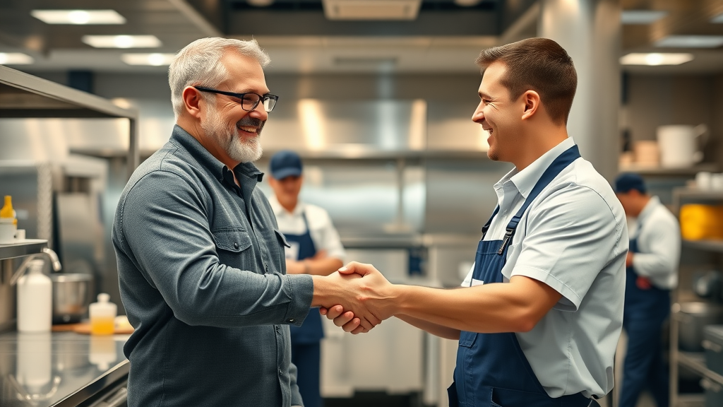 Grateful business owner with professional plumber in chesterfield clean restaurant kitchen after emergency drain cleaning success
