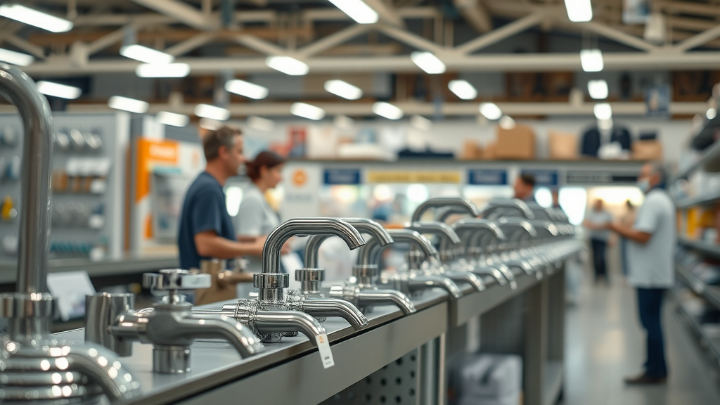 Various flow fixtures including toilets, faucets, and showerheads displayed on hardware store shelves - plumbing fixtures