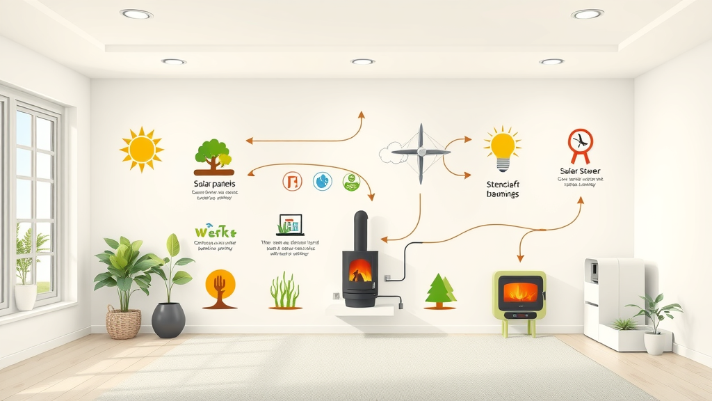 infographic different types of green heating systems: solar panels, heat pumps, biomass stoves