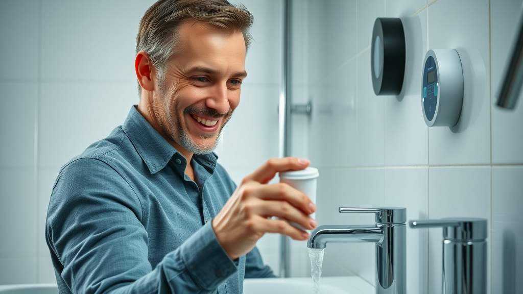 Energy-efficient plumbing systems in a modern home bathroom with a digital water meter visible
