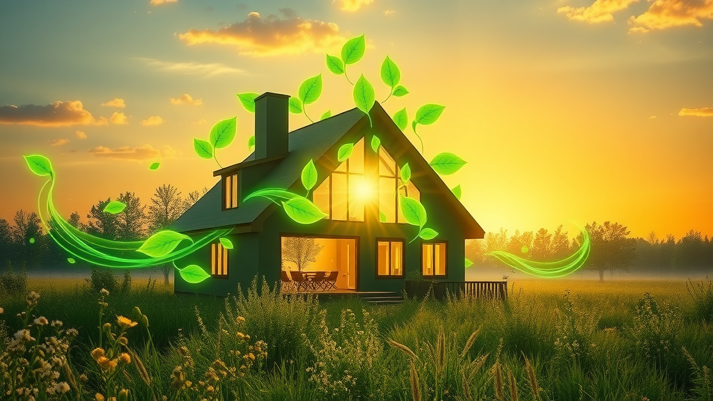 eco-home silhouette emitting green leaf-shaped energy waves - green heating systems