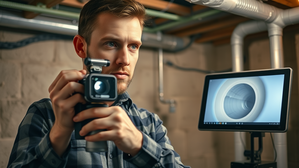 Professional plumber in Chesterfield using diagnostic camera for sewer line inspection, emergency plumbing Chesterfield