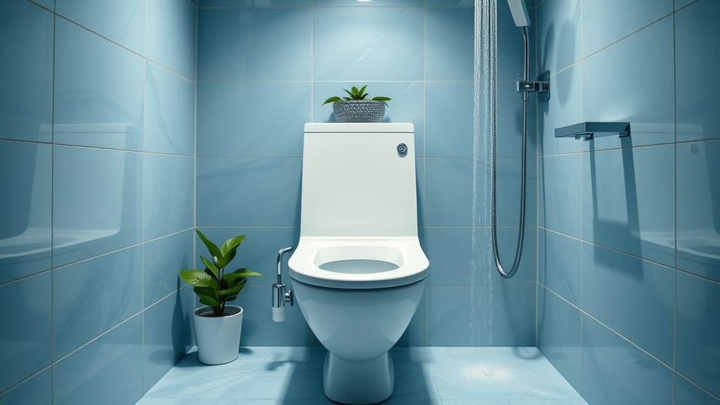 Modern bathroom with dual flush toilet, low-flow tap, efficient showerhead for water conservation in plumbing
