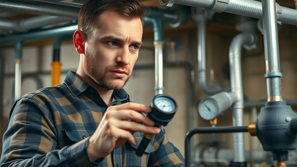 Experienced plumber troubleshooting complex pipe system for complex plumbing work