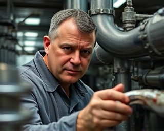 pipes Chesterfield, determined expression, applying sealant, photorealistic, in an engine room with metal surfaces and gauges, highly detailed, slight rust on pipes, mid-shot, industrial gray, harsh fluorescent lighting, shot with a 50mm lens
