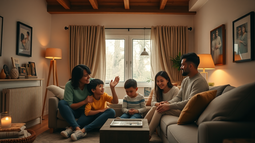 Family enjoying energy-efficient low carbon footprint heating in a contemporary living room, warm textiles and eco-friendly décor