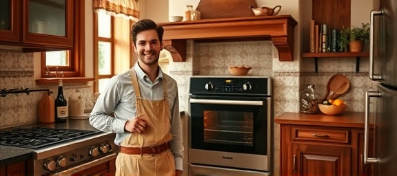 classic kitchen installation, satisfied expression, fitting new oven, photorealistic, vintage-style kitchen with ceramic tiles and handcrafted woodwork, highly detailed, subtle textures, high resolution, deep brown, ambient sunlight, shot with a 85mm lens