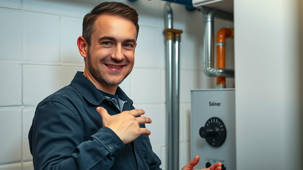 Central heating repair technician demonstrating safety steps during boiler inspection in residential basement.