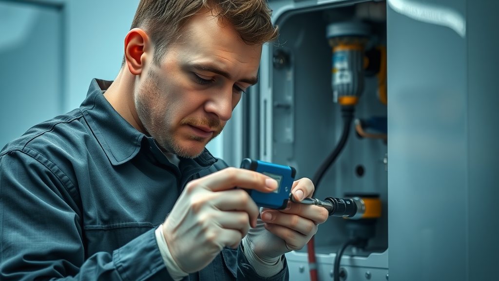 Detail-focused technician servicing a UK boiler with diagnostic tools; boiler service checklist steps