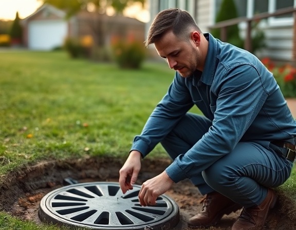 professional Chesterfield plumber, determined, inspecting sewer lines, photorealistic, outdoor residential yard with manhole cover, highly detailed, dynamic posture, ultra-high resolution, soft morning light, shot with a telephoto lens