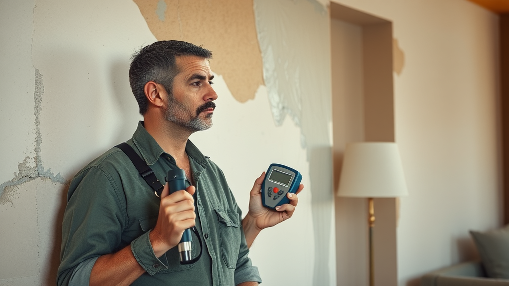 emergency plumbing repair and water damage restoration specialist using moisture meter on damaged residential wall