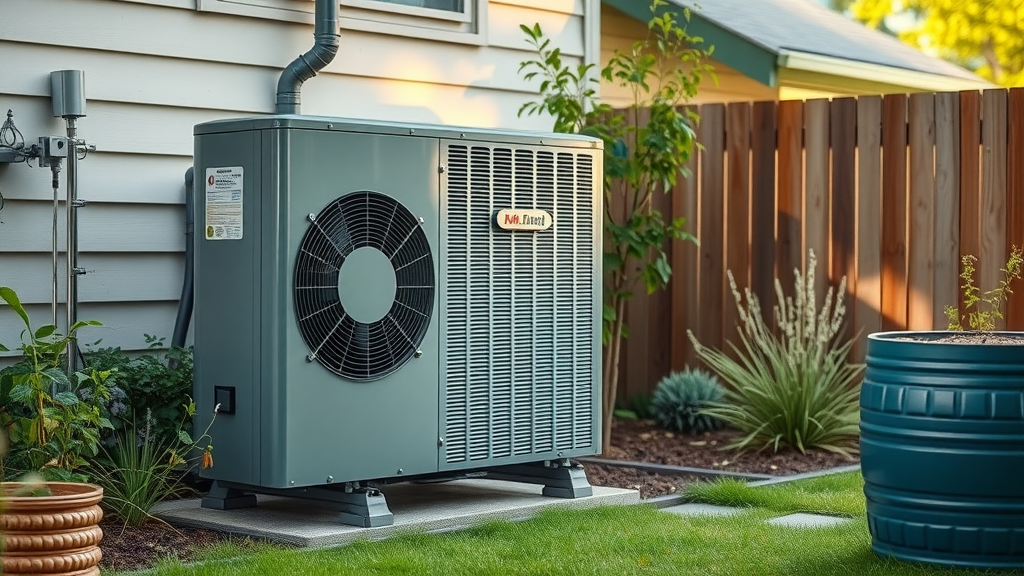 Modern heat pump system operating in eco-friendly backyard, sustainable HVAC innovations and heat recovery