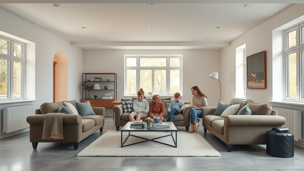 radiator-free modern chesterfield open-plan living underfloor heating seamless flooring
