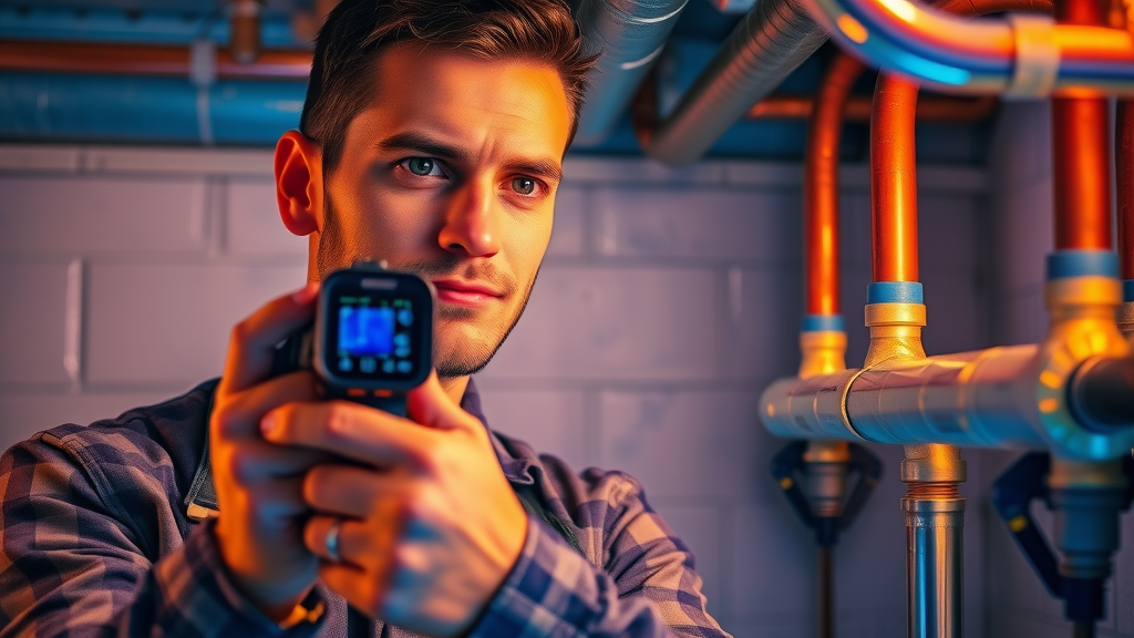 professional plumber using a thermal imaging camera on pipes for plumbing leak detection Chesterfield