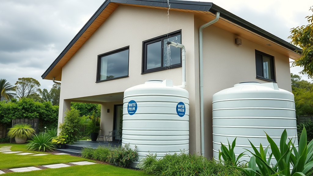 Eco-friendly home with integrated rainwater harvesting plumbing, water storage tanks, and lush garden