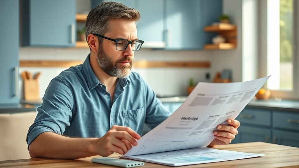 homeowner considering heating system installation kitchen table blueprints options