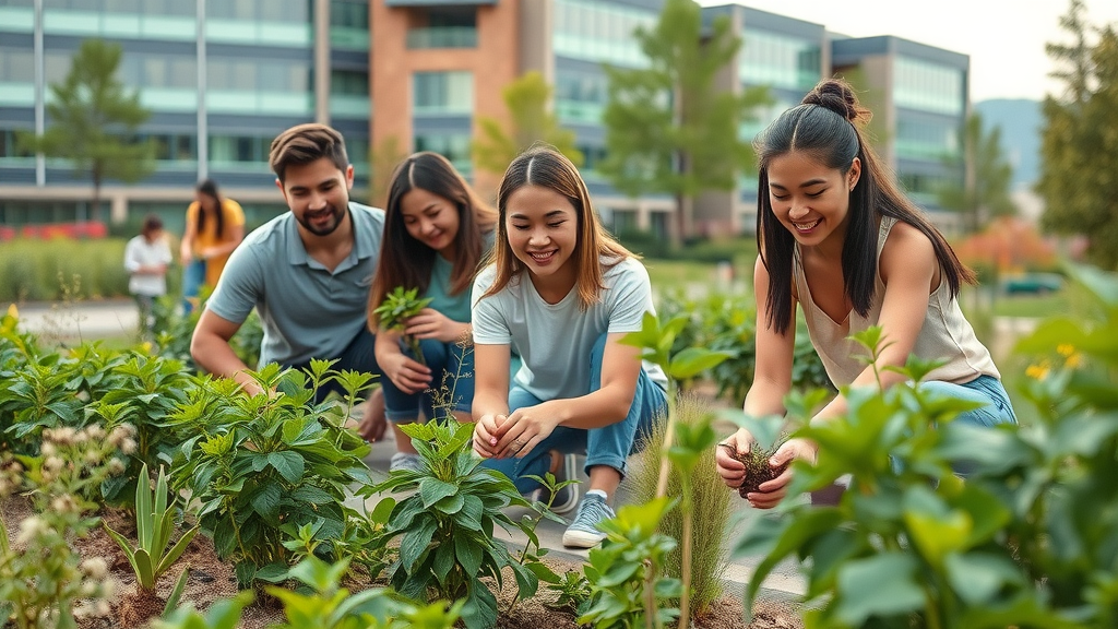 students tending native drought-resistant plants on campus - water conservation techniques