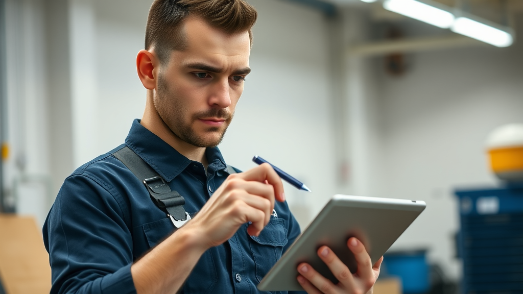 confident plumber updating training records on tablet, plumbing trade best practices in a clean office