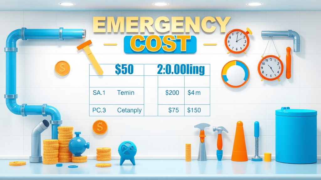 Infographic showing cost breakdown for emergency plumbing services in Chesterfield, featuring pipes and coins