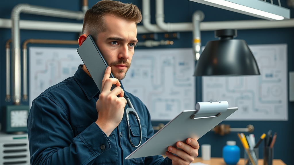 professional plumber on phone, checking checklist - 24/7 plumber Chesterfield