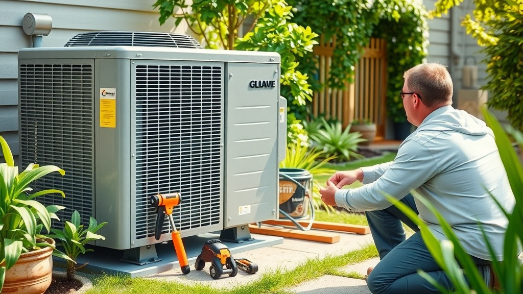 hvac system maintenance - clean outdoor condenser unit, technician kneeling, suburban patio background
