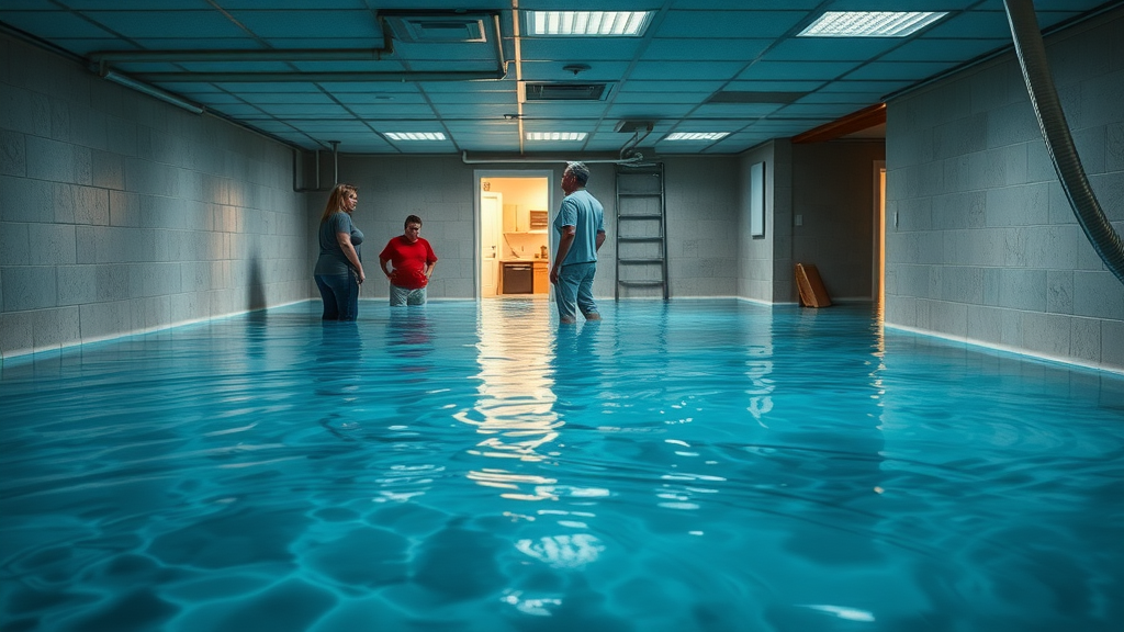 chaotic flooded basement, technician assessing water damage, 24/7 plumbing services Chesterfield