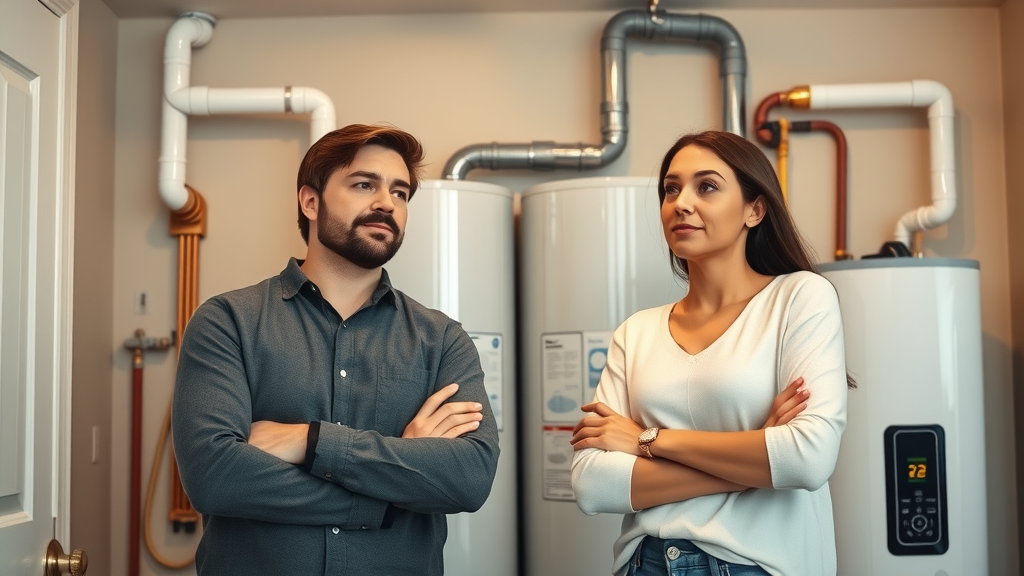 Chesterfield homeowners comparing traditional and tankless water heater in utility room