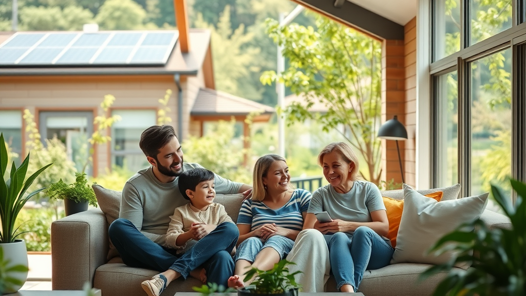 Renewable energy heating products in a modern eco-friendly family home with solar panels and lush green garden