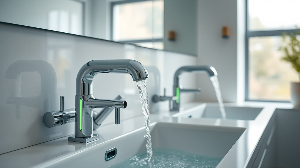 Modern bathroom with smart plumbing fixtures, water usage and energy efficiency, sustainable plumbing techniques
