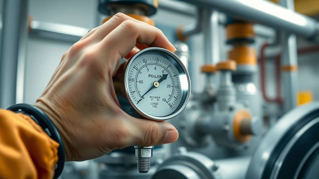technician inspects boiler pressure gauge during annual maintenance
