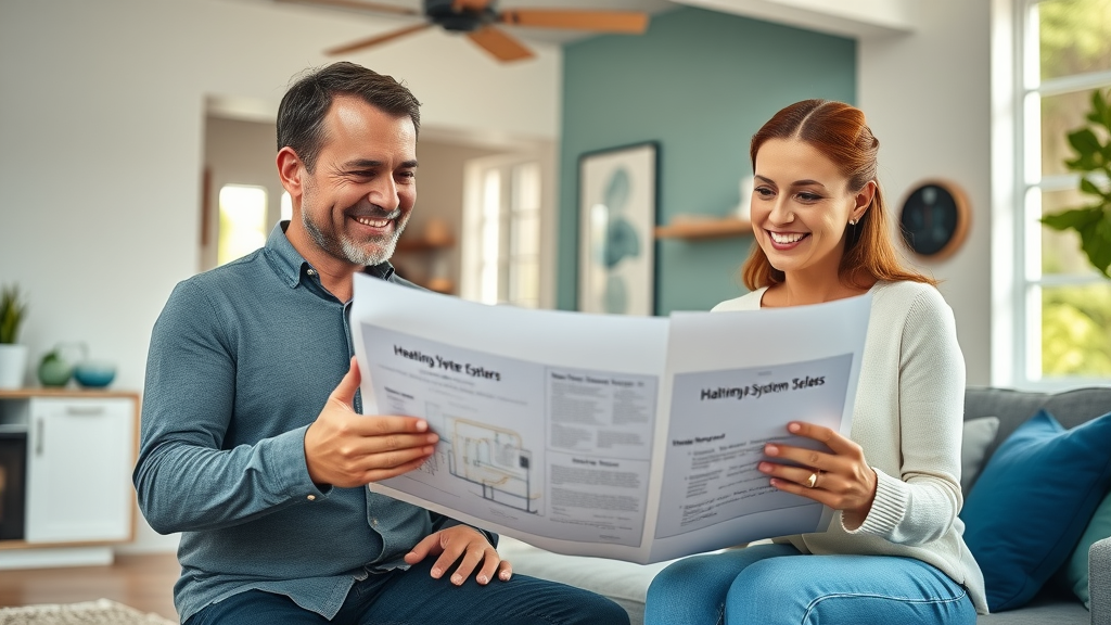 Eco-conscious homeowners discuss renewable energy heating products and review heating system plans in a modern living room