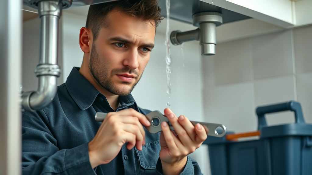 plumbing services - Professional plumber inspects leaking pipe under kitchen sink, focused and carefully tightening a wrench, modern kitchen, toolbox nearby, water droplets visible
