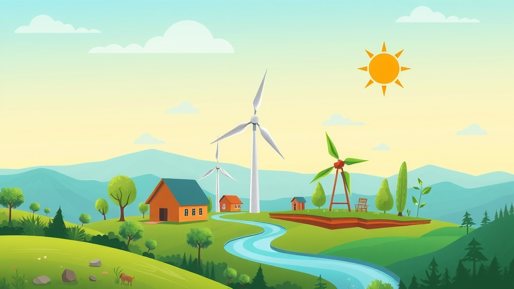 Illustrated infographic showing solar, wind, hydropower, geothermal, and biomass as main renewable energy sources