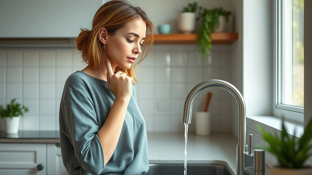 thoughtful young woman near eco-friendly kitchen sink, examining dripping faucet, environmental impact of plumbing, modern kitchen, water conservation